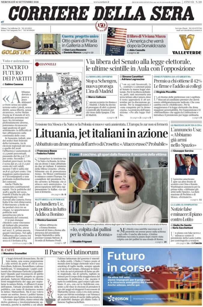 Prima pagina Corriere della Sera 17/09/2026