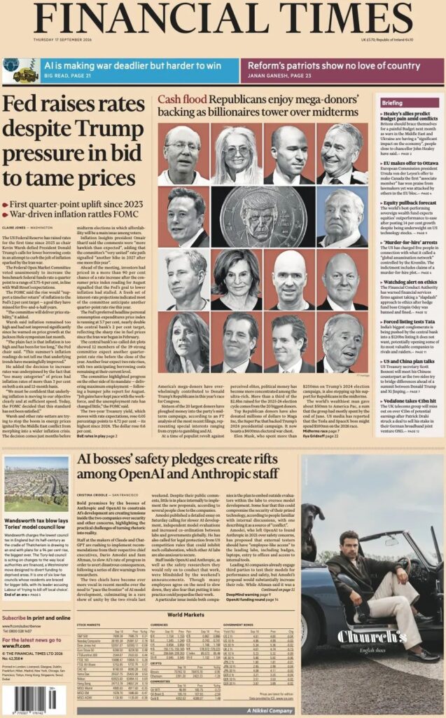 Prima pagina Financial Times 17/09/2026