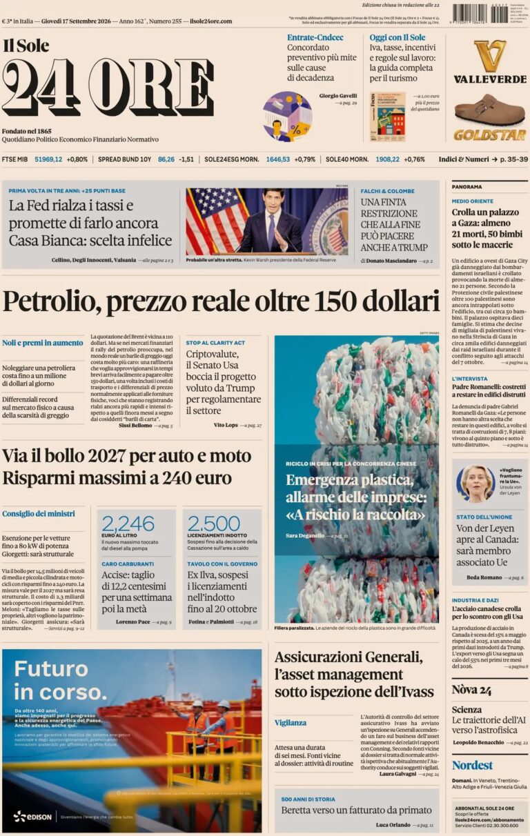 Prima pagina Il Sole 24 Ore