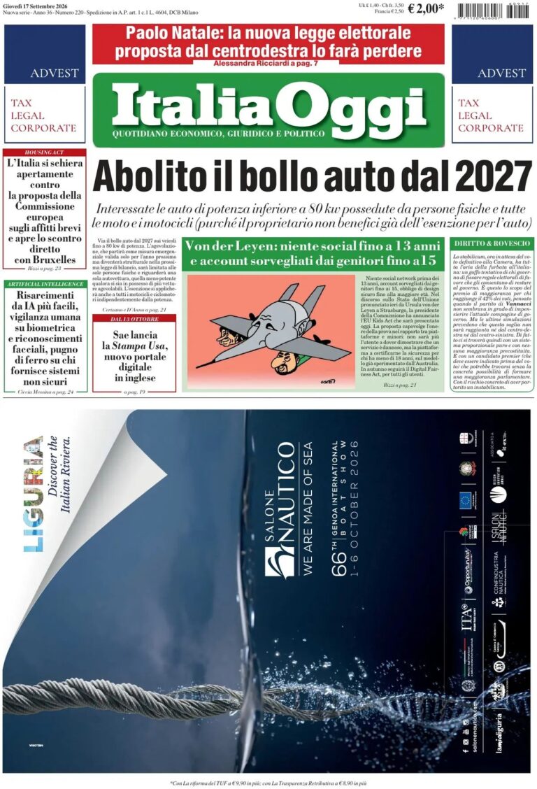 Prima pagina Italia Oggi