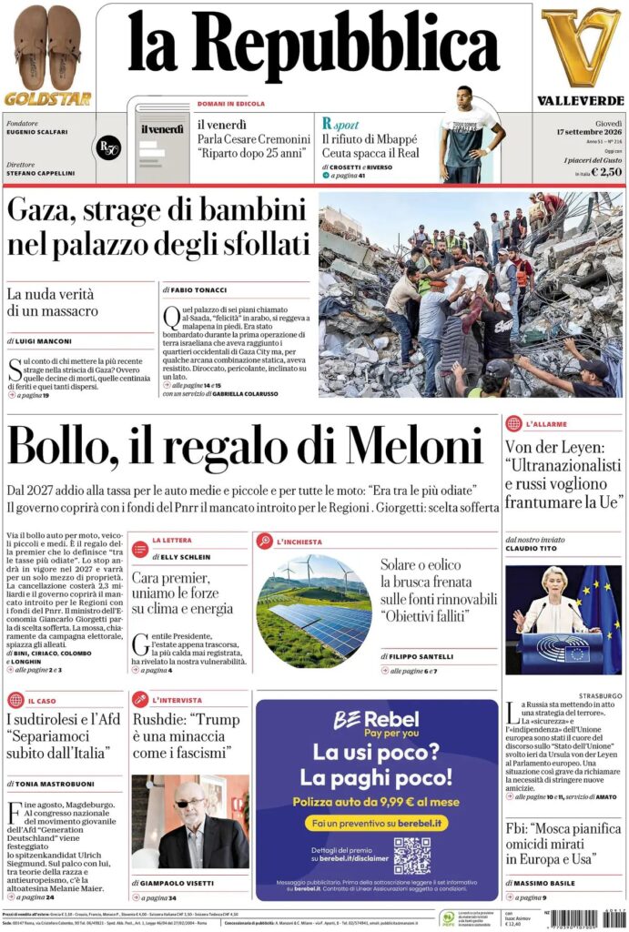 Prima pagina la Repubblica 17/09/2026