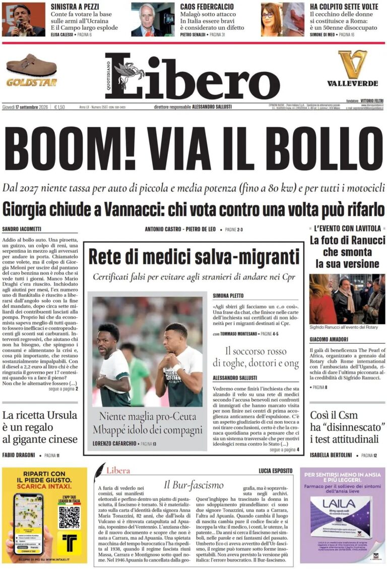 Prima pagina Libero Quotidiano
