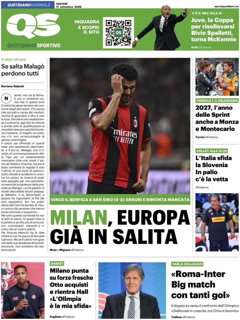 Prima pagina Quotidiano Sportivo 17/09/2026