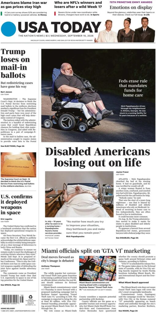 Prima pagina USA Today 17/09/2026